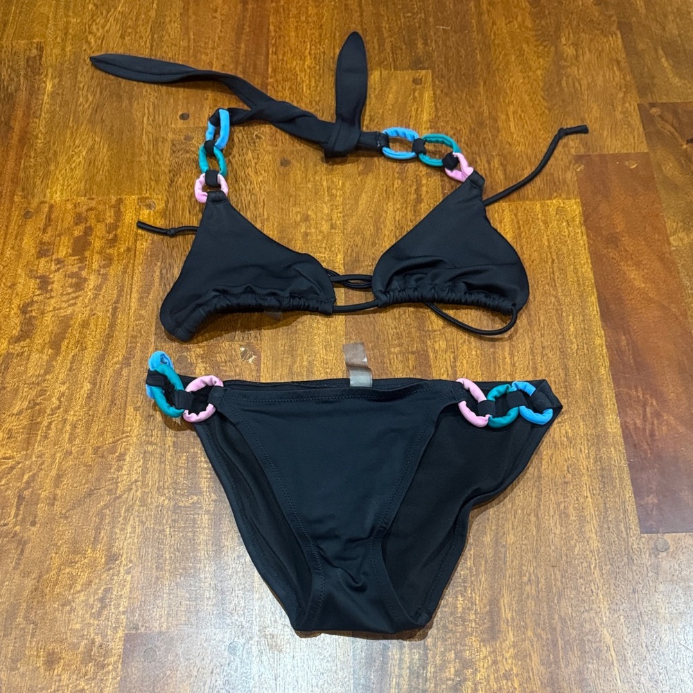 Y2K Victorias Secret Black Bikini with Colorful Chain Accents